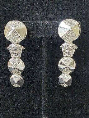 Auth Versace Medusa Drop Earrings with Pavé Accents